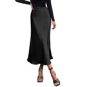 Skirts Women'S Midi Satin Skirt Formal Casual High Waist A Line Flowing Ruffle Elegant Party Vestidos Elegantes Para Mujer