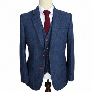 Lansboter azul masculino terno herringbe retro cavalheiro estilo clássico feito sob encomenda blazer ternos para 3 peça jaqueta calças colete 66B5 #