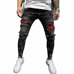 men Painted Stretch Skinny Jeans Slim Fit Ripped Distred Pleated Knee Patch Denim Pants Brand Casual Trousers For Masculina 33Dk#