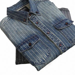 Amekaji VIntage Denim Shirt Uomo Primavera Autunno Nuovo risvolto Multi-tasca a righe blu Lg Manica Cargo Shirt Casual Cardigan Top r3X3 #