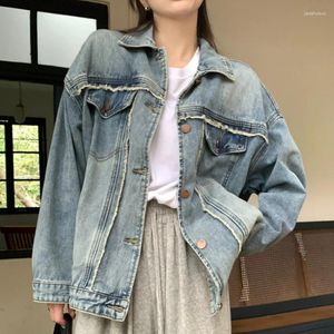 Kvinnorjackor denimjacka 2024 Spring Summer Korean Street Style Tassel Casual Coat Fur Edge Old Loose Fit Coats