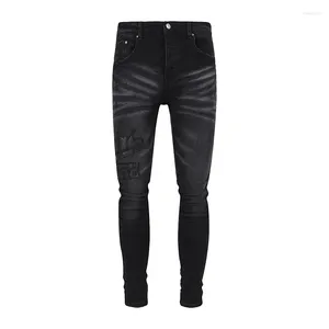 Men's Jeans 2024 Arrivals Pants Fashion Streetwear Black Casual All-match Leather Patchwork Slim Denim For Men