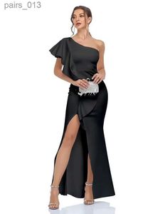 Grundläggande casual klänningar Nning One-Shoulder Bodycon Chic Asymmetrical Ruffle Dress Elegant Knit Tyg för fester YQ240328