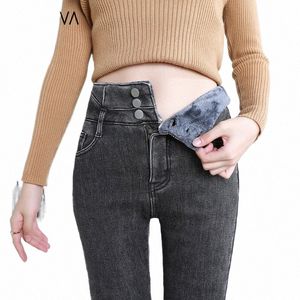 Zoenova Thick Veet Women High Waist Skinny Jeans 2023 Winter Warm Fleece Warm Slim Stretch Ladies Casual Denim Pencil Pants 52if＃