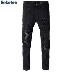 Men's Jeans Sokotoo mens black patch slim suitable for street denim motorcycle jeans casual tight patches tear tight pants J240328