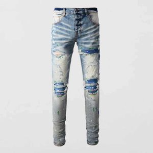 Jeans masculinos rua moda mens jeans retro azul elástico apertado jeans aberto frente jeans mens botão vôo remendo designer hip hop marca calças j240328