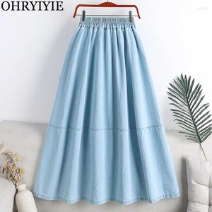 Skirts OHRYIYIE Midi Length Denim Skirt Women Fashion Korean Elastic High Waist Casual A-line Female Sun School