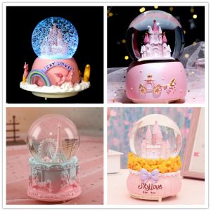 Sets Princess Crystal Ball Music Box Birthday Gifts Girl Rainbow Glowing Snowflakes Music Box Home Decoration Desktop Ornament