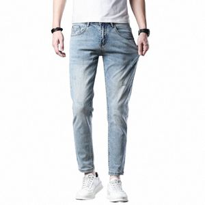Szczupłe chude dżinsy dla mężczyzn rozciągnięcie Slim Fit 2024 Spring Streetwear Kokska długość spodnie dżinsowe dżinsy spodnie niebo niebieskie kowboje kstun p9ig#