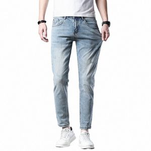 Calças de brim magros para homens estiramento fino ajuste 2024 primavera streetwear tornozelo comprimento calças jeans calças céu azul cowboys kstun p9ig #