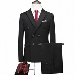 2023 Fi nuovi uomini Boutique Busin doppio petto insieme del vestito di colore solido / maschio Slim Wedding 2 pezzi Blazer giacca pantaloni E4CB #