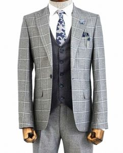 Light Grey Plaid Men Suit Tailor-Made 3 Pieces Blazer Colete Calças One Butt High Fi Trabalho Casamento Noivo Causal Prom Tailored z8US #