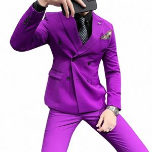 primavera 2023 Abito da uomo doppio petto blu royal 2 pezzi Abito da uomo elegante con finiture giacca e pantaloni Bianco viola nero