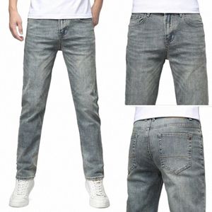 Retro Men's Stretch Jeans ons och Fible Slim Fit Straight Leg Denim Pants Classic Brand Casual and Bekväm byxor 12d1#