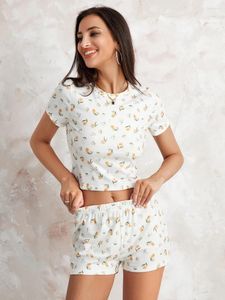 Startseite Bekleidung Blumen-Lounge-Set für Damen, Sommer-2-teilige Outfits, Pyjama-Shorts-Sets, kurzärmliges T-Shirt und Anzug, Nachtwäsche