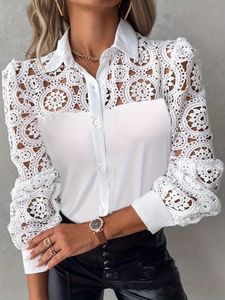 Moda Top Top Femme White Laec Patchwork Shirt Women Spring Autumn Casual Office Bluzki i wierzchołki Womens 240328