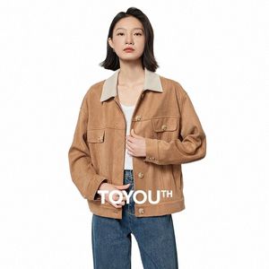 Toyouth Women Suede Jacket 2024 Spring New Pocket Polo Collar Maillard Style Outwear Coat C0ff#