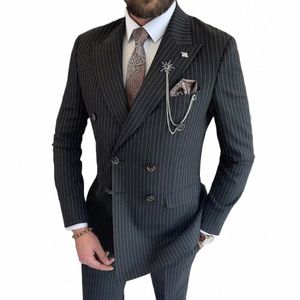 lusso modello a strisce nere doppio petto risvolto a punta 2 pezzi giacca pantaloni formali busin abiti da uomo festa formale set completo w9yC #