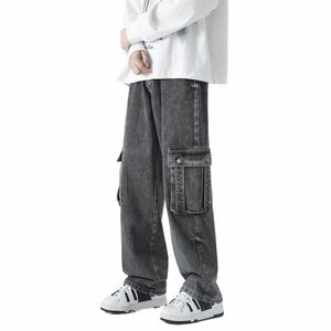 spring New Men's Denim Wide-leg Pants American Baggy Cargo Jeans Ins Multi-pocket Vintage Streetwear Trousers Grey Blue c8uX#