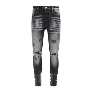 2024 Nya high street trendiga varumärke Broken Skin Patch Elastic Slim Fit Ejrised Deep Blue Jeans för män
