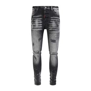 2024 Nowa modna marka High Street Broken Skin Patch Elastic Slim Fit Distress Deep Blue Dżinsy dla mężczyzn