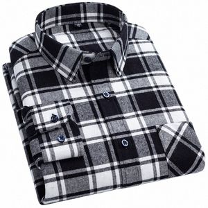 PLAID-skjortor för män LG Sleeve 100% Cott Fi Single Patch Pocket Design Young Casual Standard-passform Tjock flanelltröja E8ZL#