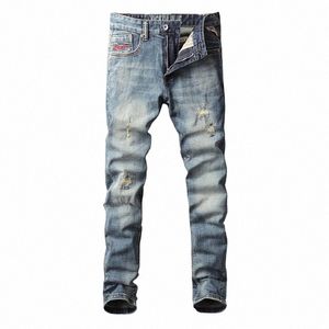 Fi Vintage Uomo Jeans Retro Blu Stretch Elastico Slim Fit Jeans strappati Uomo Patchato Ricamo Designer Denim Pantaloni Hombre g5I7 #