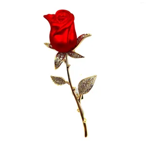 Broches Romance Elegante CZ Folha Dourada Longa Espinhos Haste Encantadora Red Rose Bud Pin Broaches Esmalte Floral Data Aniversário Presente Joias