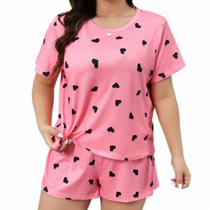 Plus storlek XL-5XL överdimensionerade sömnkläder rund hals kvinnors pyjamas sätter kort ärm t-shirt shorts rosa hjärttryck loungwear 2 st h1mz#
