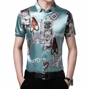 Мужская шелковая рубашка, летняя шелковая одежда с цветочным принтом, Fi Man, атласные шелковые рубашки с принтом Dr, с коротким рукавом, 94qU #