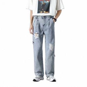 Men jeans streetwear knä rippade löst hiphop fi hål byxor blixtlås ankel högkvalitativ mopp denim byxor n6ef#