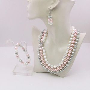 Halsbandörhängen Set 10mm 3ROWS RUND Vit rosa grå skal Pärl Elastisk armband Drop Set Women Män flickor smycken gör design