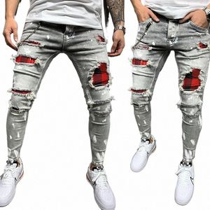 mäns mager rippade jeans rutiga lapptäcke denim byxor hip-hop tryck jogging blyerts högkvalitativ denim män byxor x80e#