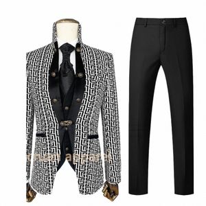 2024 NEW MEN SUITSセットフォーマルバンケットラグジュアリーJACQUARD BLAZER VEST PANTS OUTFITS WEDDING GROOM