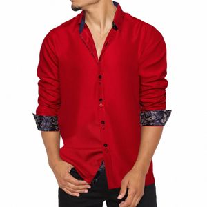 dibangu Men Shirt Lg Sleeve Red Solid Blue Paisley Color Ctrast Fi Dr Shirt for Men Butt-down Collar Men Clothing 56lC#