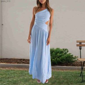 Grundlegende lässige Kleider Sommerferien Rückenfreies Strand langes Kleid für Frauen elegant hellblau ärmellose One-Shoulder Holiday Party Vestidos YQ240328