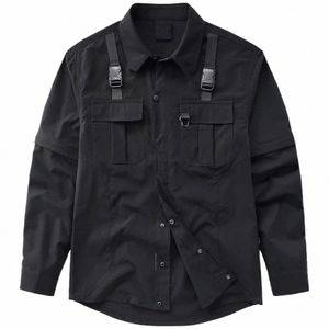 Street Apparel Camicia Harajuku Techwear Plus Size Camicia Hip Hop Tasca Camicia nera Butt Primavera e autunno Butt f2La #
