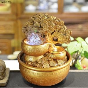 Borstar Gold Money Tree Water Fountain Ornament Feng Shui Transfer Ball Waterscape Office vardagsrum Desktop Fuktighet Dekoration