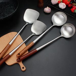 Tillbehör 304 Rostfritt stål Spatelsked med trähandtag Lången matlagning Spoon Antiscaling Cooking Shovel Kitchen