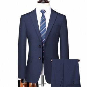 new Boutique Blazer+ Pants Men's Fi Busin Gentleman Trend Slim-fit Casual Wedding Travel Plus-size Solid Color Suit L4tW#