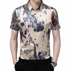 men's Silk Streetwear Summer Patchwork Colors Shirt Male Short Sleeve Silk Clothes Fi Printing Smooth Soft Dr Shirt F677#