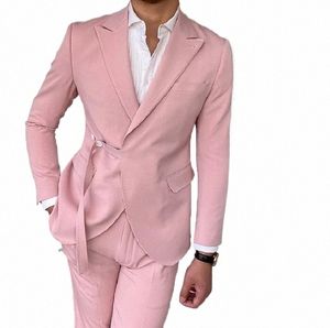 Розовый Fi Мужские костюмы Свадебные Slim Fit Блейзер с поясом Смокинг для жениха Terno Masculino Пром Костюм Homme 2 шт. Куртка Брюки 89gp #