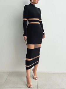 Mozision Patchwork Bodycon Sexy Midi Dress for Women 2023 가을 겨울 Turtleneck 긴 슬리브 클럽 파티 우아함 240323