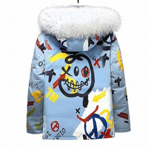 funny Graffiti Print Winter Down Jacket Men White Duck Down Thick Warm Windbreaker Couple Removable Fur Collar Padded Parkas New n8sQ#