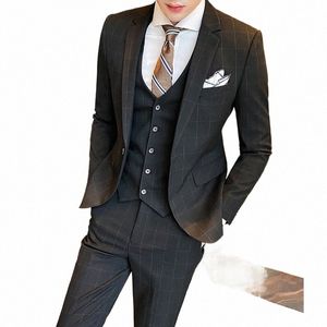 giacche + gilet + pantaloni blazer coreano maschile slim check vestito da busin britannico uomo tre pezzi sposo sposo uomo dr h2kW #