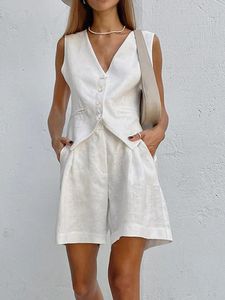 夏のコットンリネンショーツセット女性ビンテージの袖なしのチョッキ通気性短いパンツ2ピースセット女性シックな衣装240328