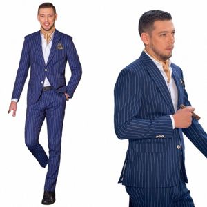 Erkeklerin takım elbise 2 adet blazer pantolon tek göğüslü smokin ceket lacivert pinstripes zirveli yaka iş modern düğün damat özel b007#