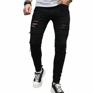 Spring Men Holes Skinny Jeans Byxor Streetwear Ripped Hip Hop Slim Male Stylish Solid Casual Biker Denim Pants 10nv#