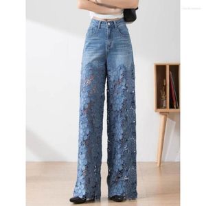 Women's Jeans Fashion Spring Summer High-Waist Openwork Lace Stitching Denim Wide-Leg Pants Female Straight Trousers