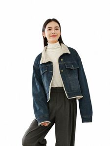 Vimly Winter Fleece Denim Coat Women 2023 Winter New In Outerwears Casuare Single Brethed LG Sleeve Warm Denim Jackets 72717 G0GG＃